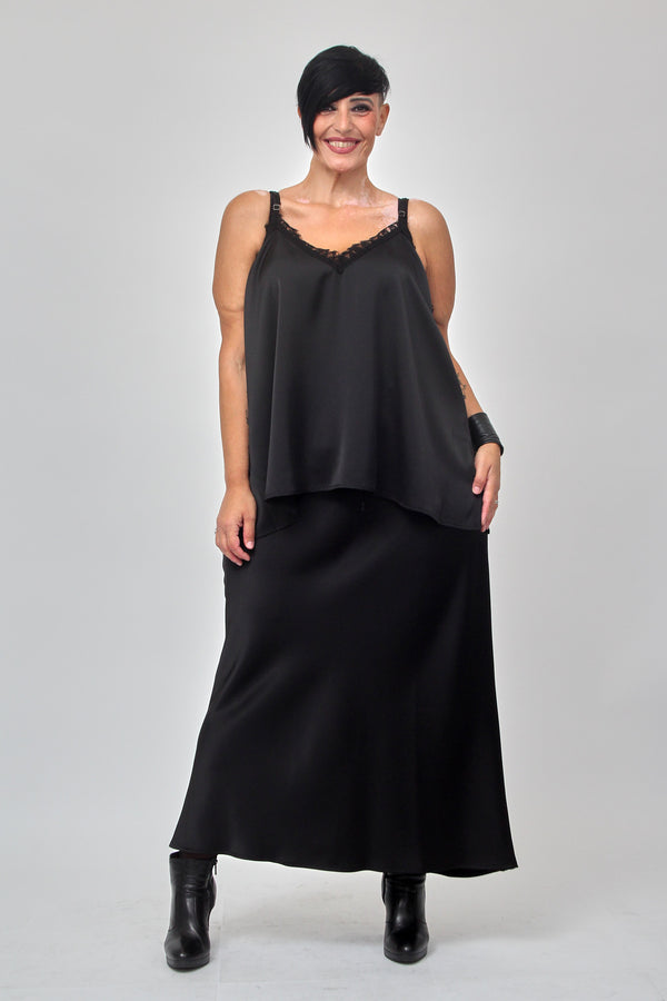 Top raso e pizzo - Nero