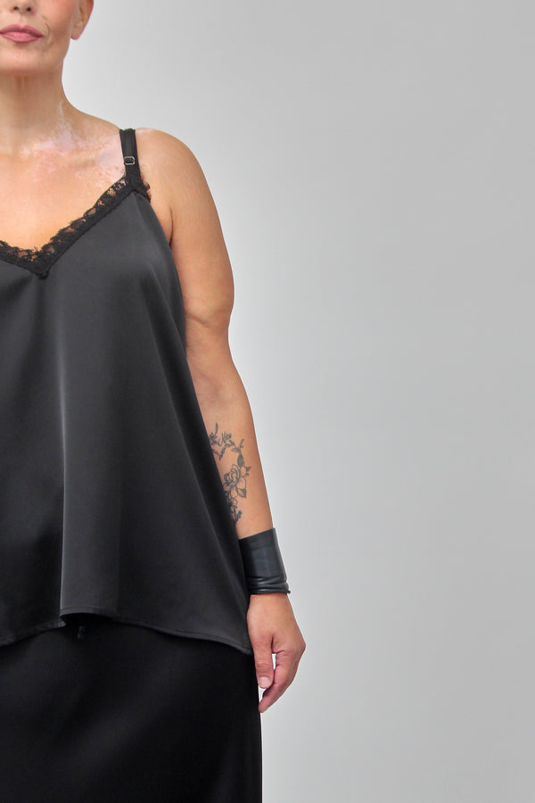 Top raso e pizzo - Nero