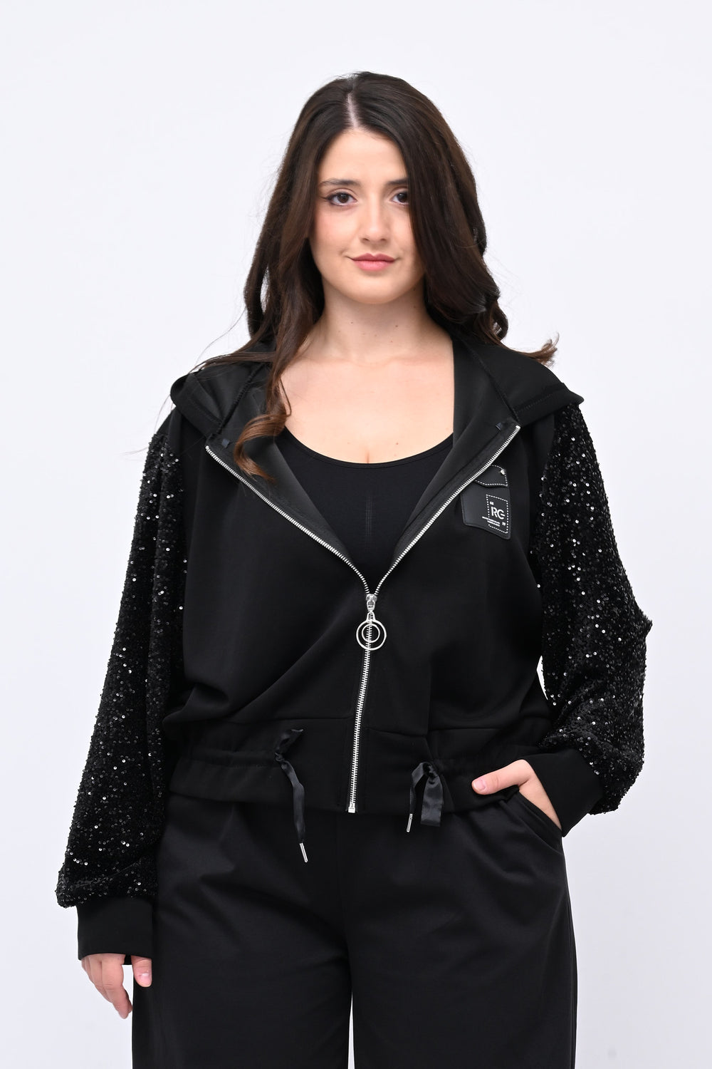 Felpa cappuccio paillettes - Nero