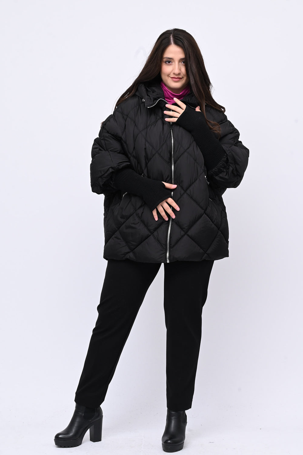 Piumino ovetto inserti maglia - Nero