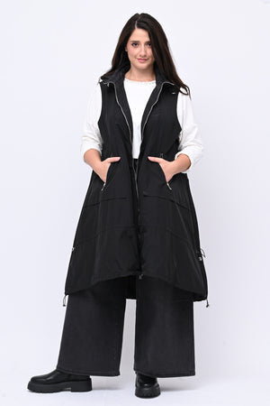 Maxi gilet zip e lacci - Nero