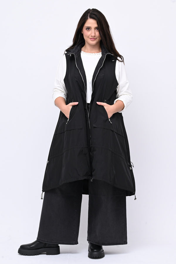 Maxi gilet zip e lacci - Nero