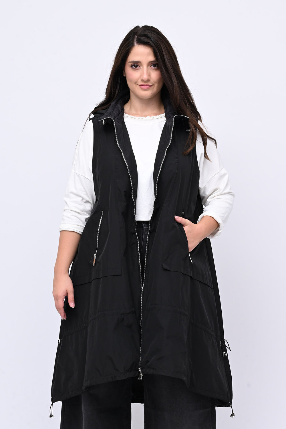 Maxi gilet zip e lacci - Nero