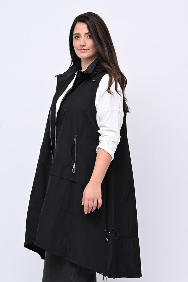 Maxi gilet zip e lacci - Nero