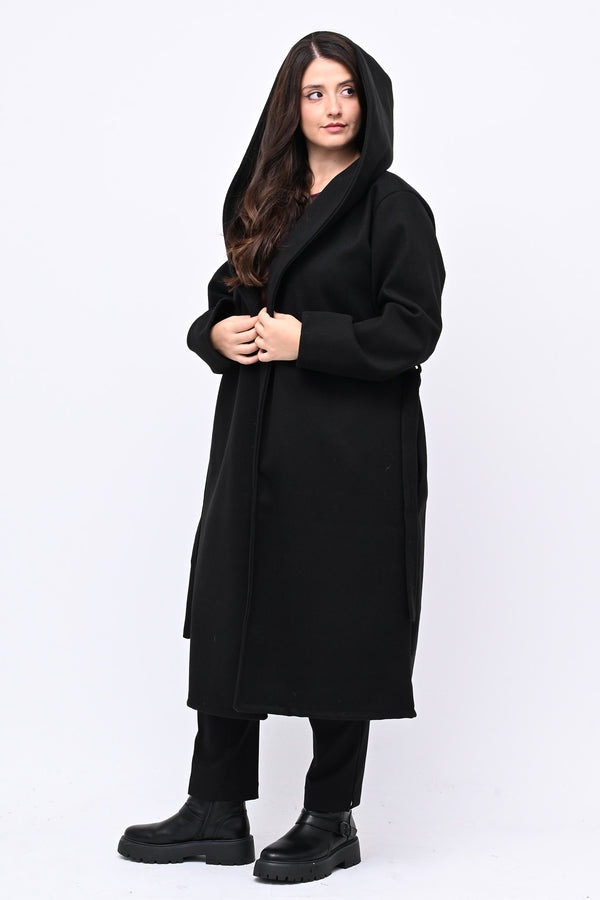 Cappotto cinta cappuccio - Nero