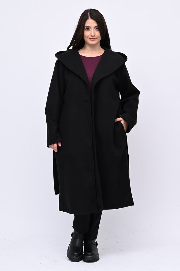 Cappotto cinta cappuccio - Nero