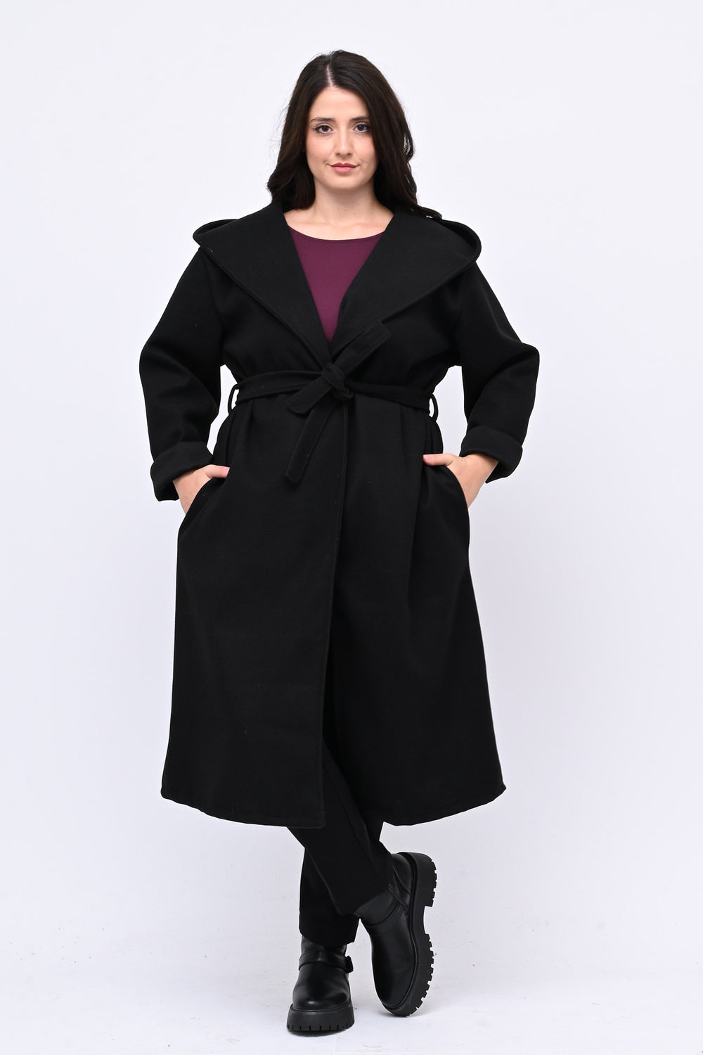Cappotto cinta cappuccio - Nero
