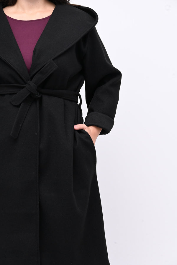 Cappotto cinta cappuccio - Nero