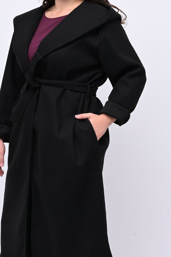 Cappotto cinta cappuccio - Nero