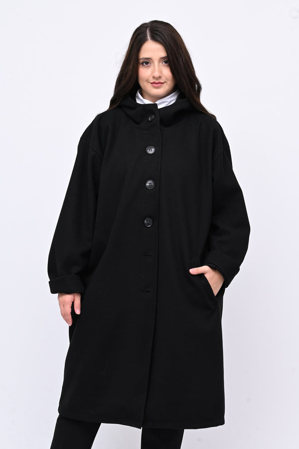 Cappotto bottoni cappuccio - Nero