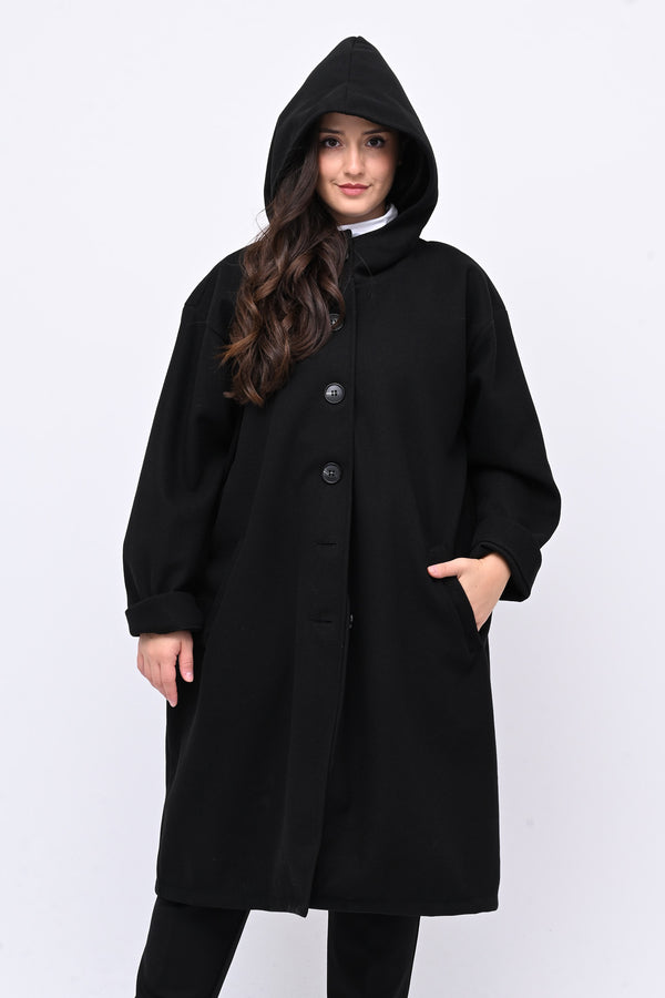 Cappotto bottoni cappuccio - Nero