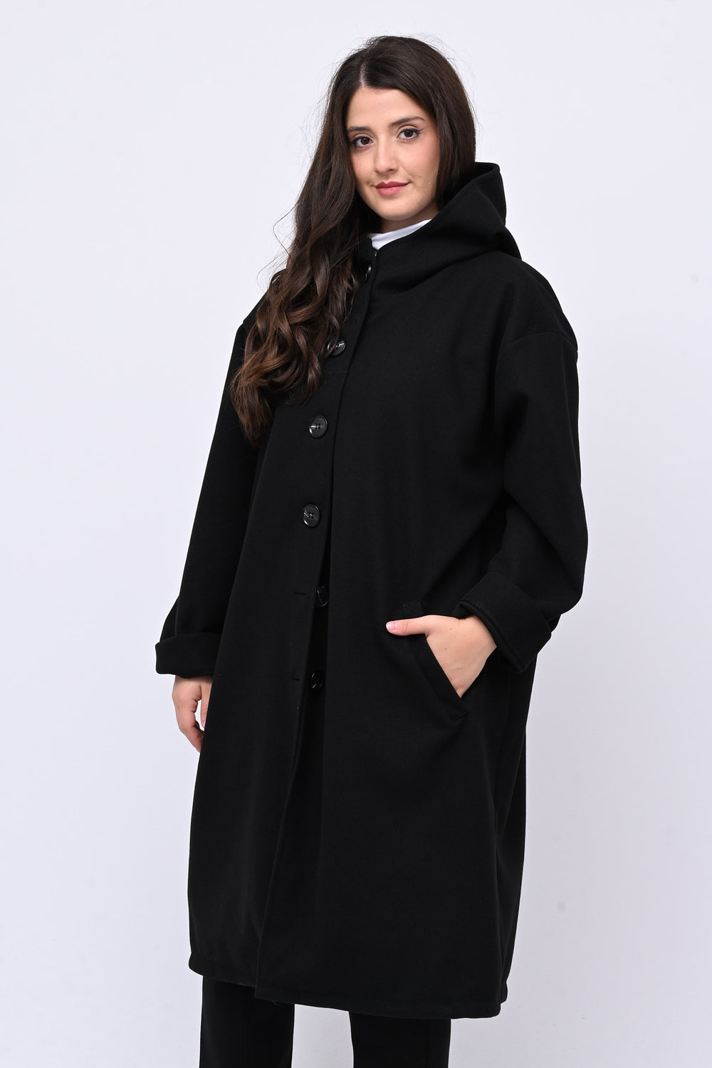 Cappotto bottoni cappuccio - Nero
