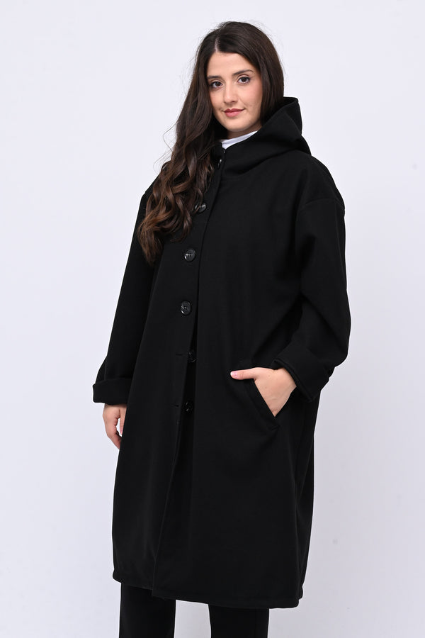 Cappotto bottoni cappuccio - Nero