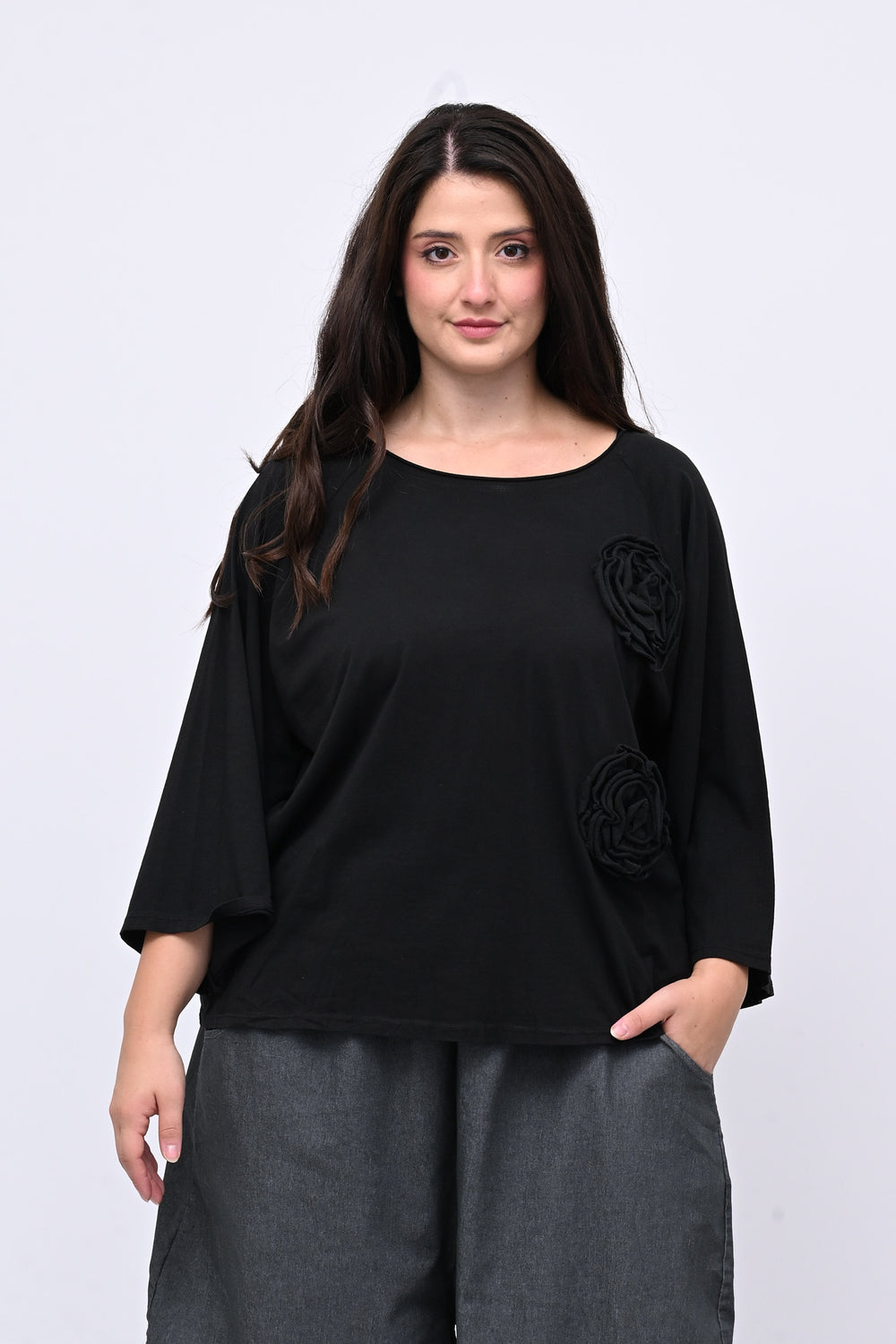 T-shirt fiori stoffa - NERO
