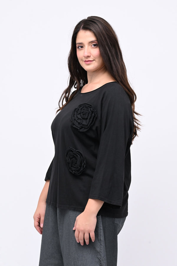 T-shirt fiori stoffa - NERO
