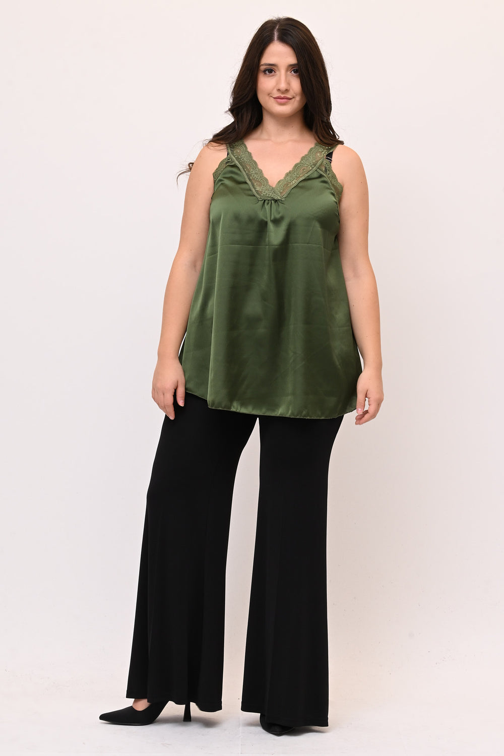 Top raso e pizzo - Verde militare