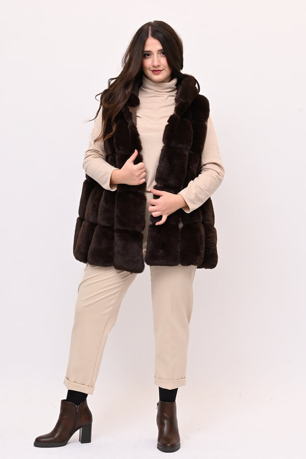 Gilet ecopelliccia cappuccio - Moro