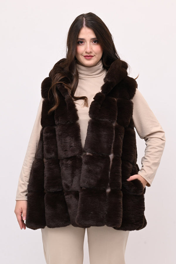 Gilet ecopelliccia cappuccio - Moro