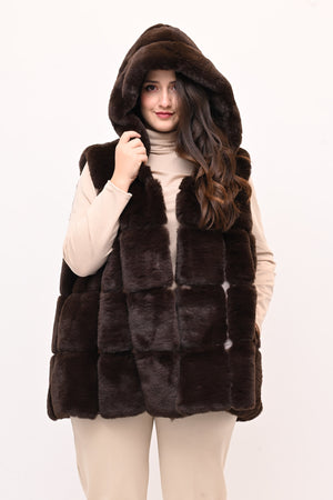 Gilet ecopelliccia cappuccio - Moro