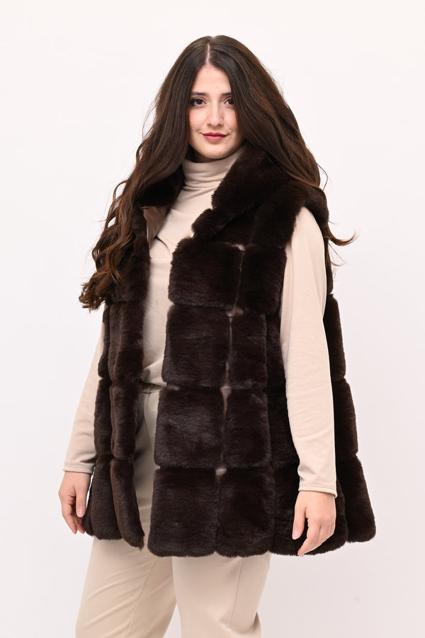 Gilet ecopelliccia cappuccio - Moro