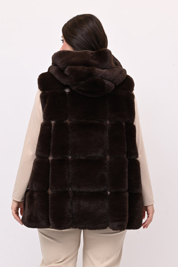 Gilet ecopelliccia cappuccio - Moro