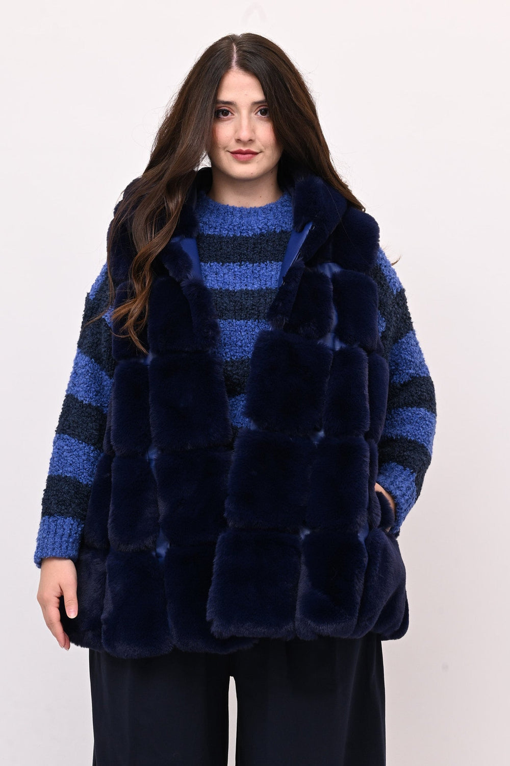 Gilet ecopelliccia cappuccio - Blu