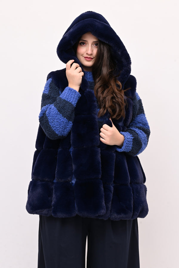 Gilet ecopelliccia cappuccio - Blu
