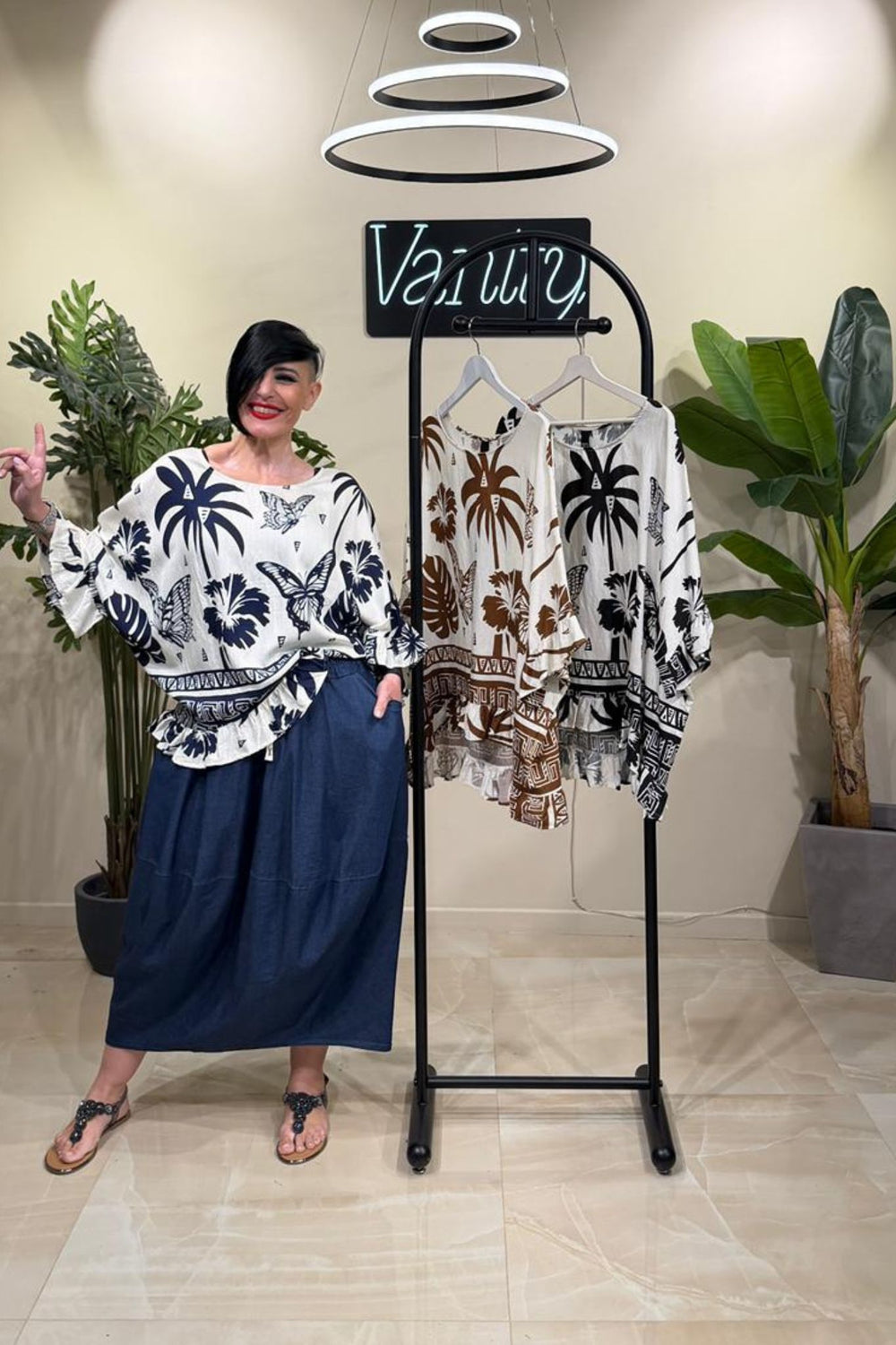 Blusa lino farfalle - Blu