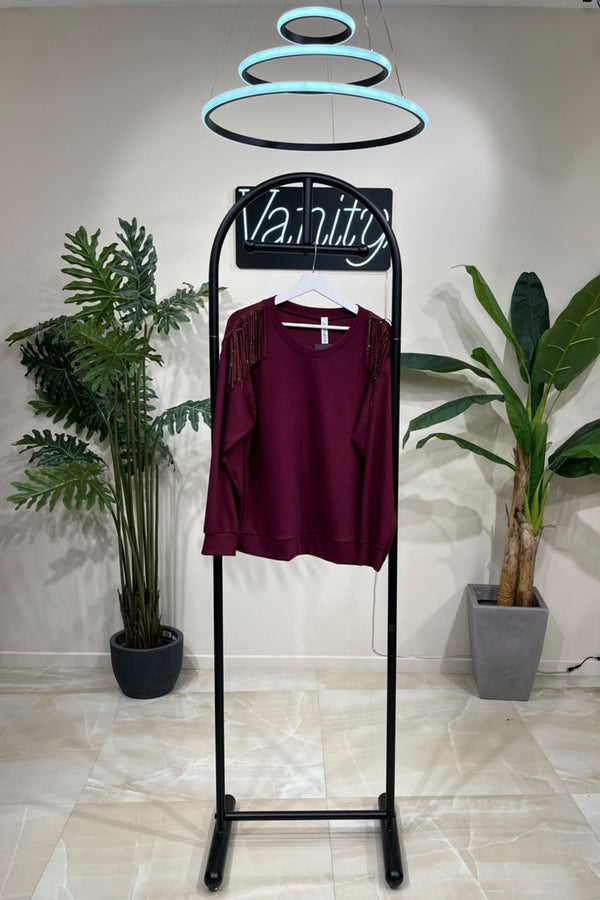 Maglia frange e strass - Vino