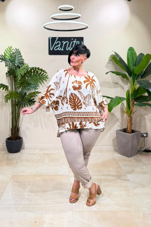 Blusa lino farfalle - Tabacco