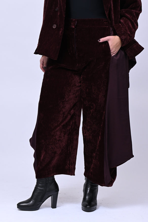 Pantalone ciniglia inserti raso - Vino