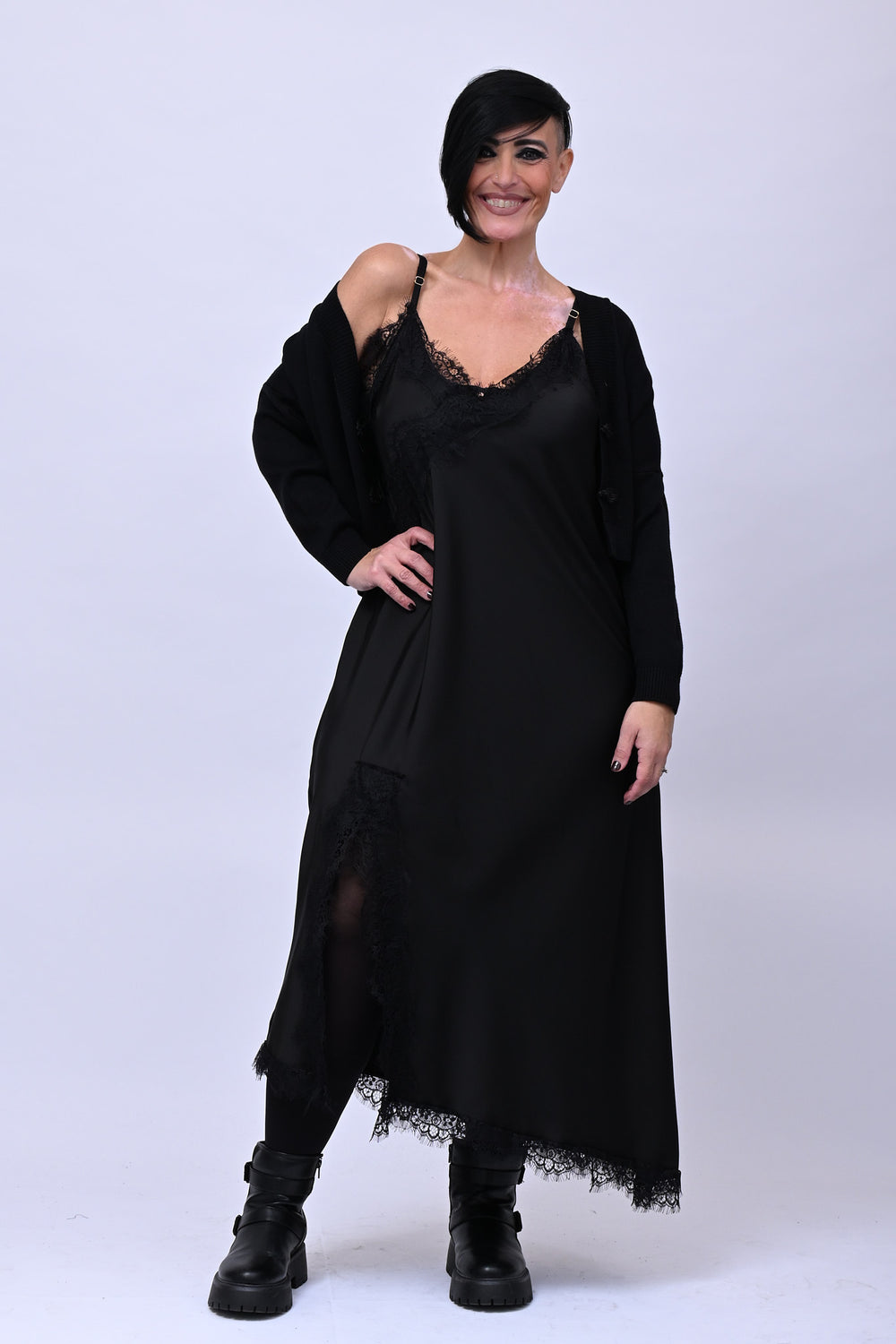 Satin and lace dress - Black