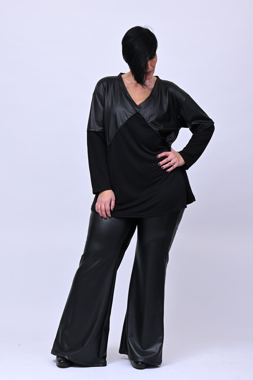 Maglia incrocio inserto ecopelle - Nero