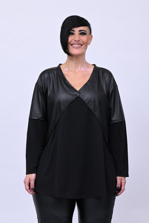 Maglia incrocio inserto ecopelle - Nero