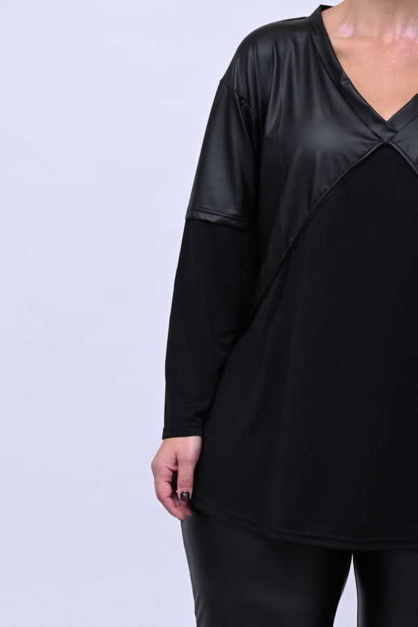 Maglia incrocio inserto ecopelle - Nero