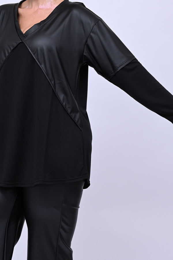 Maglia incrocio inserto ecopelle - Nero