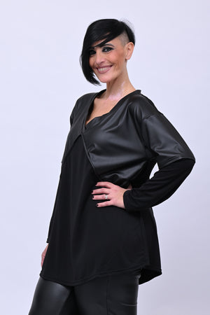 Maglia incrocio inserto ecopelle - Nero
