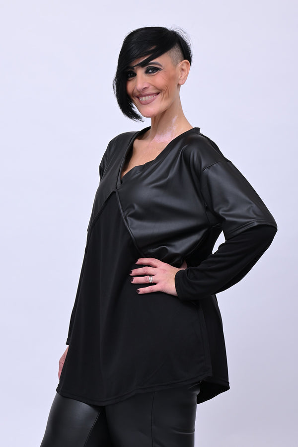 Maglia incrocio inserto ecopelle - Nero