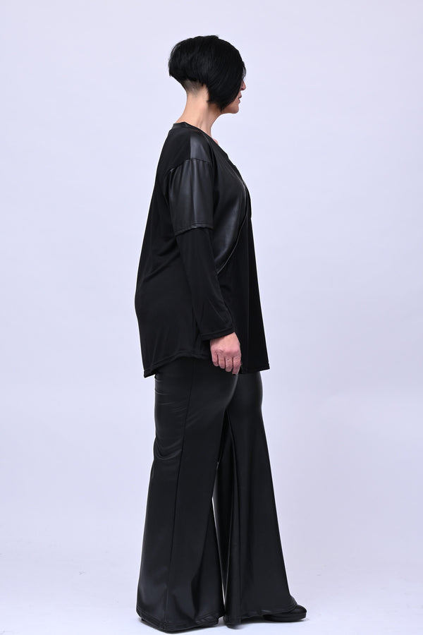 Maglia incrocio inserto ecopelle - Nero