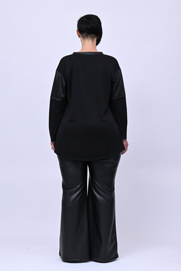 Maglia incrocio inserto ecopelle - Nero