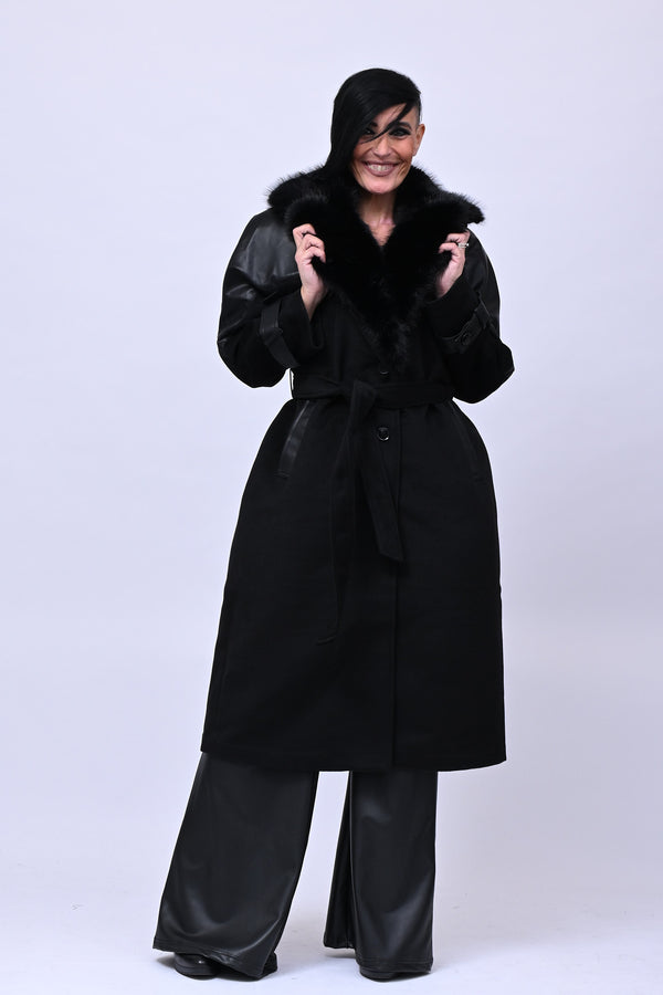 Cappotto pelliccia ed ecopelle - Nero