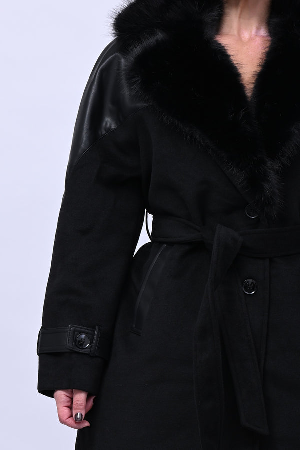 Cappotto pelliccia ed ecopelle - Nero