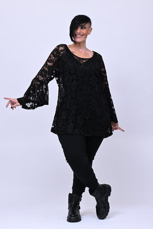 Maglia pizzo maniche campana - Nero