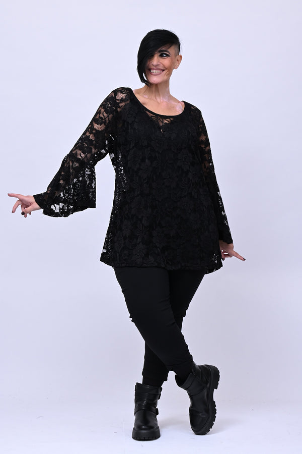 Maglia pizzo maniche campana - Nero