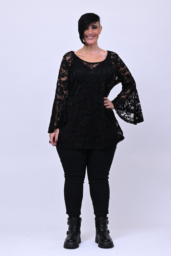 Maglia pizzo maniche campana - Nero