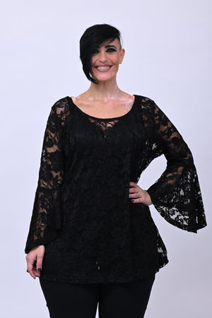Maglia pizzo maniche campana - Nero