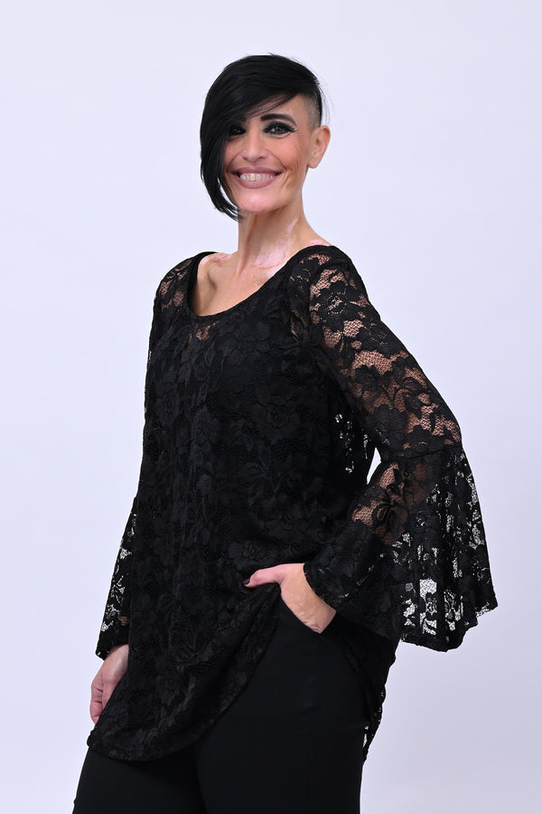 Maglia pizzo maniche campana - Nero