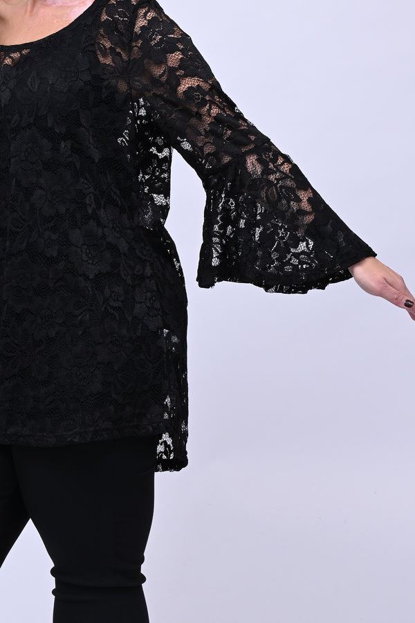Maglia pizzo maniche campana - Nero