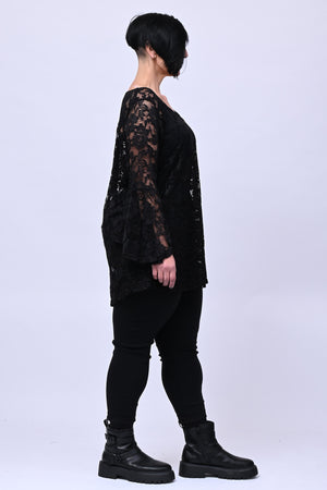 Maglia pizzo maniche campana - Nero