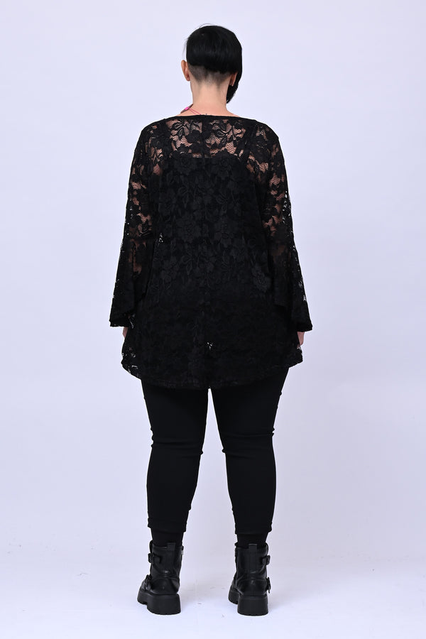 Maglia pizzo maniche campana - Nero